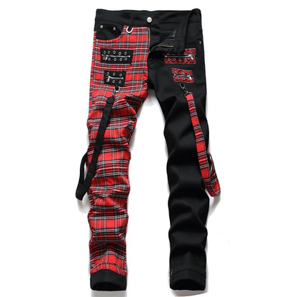 Men Punk Jeans Trendy Scotland Plaid Tartan Black Denim Pants Streetwear Rivet Patchwork Spliced Slim Straight Trousers