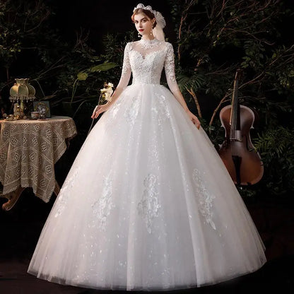 High Neck Wedding Dress 2024 Luxury Three Quarter Sleeve Lace Up Ball Gown Vestido De Noiva Plus Size Customized