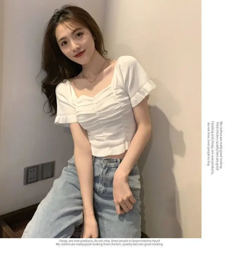 Knitted Fashion Blouse Woman Ruffle Youth Elegant Blouse Summer Crop Top Sexy Slim Fit Shirt Short Sleeve