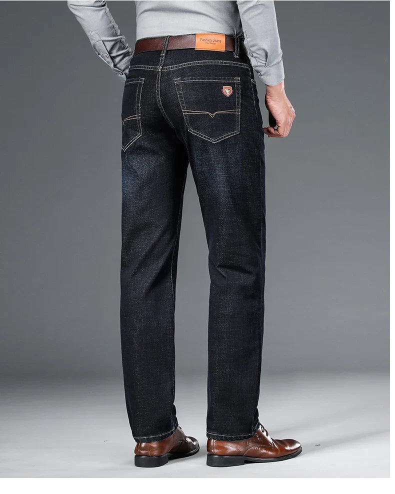 2024 autumn spring fitted straight stretch denim jeans classic style badge youth men's business casual jeans trousers