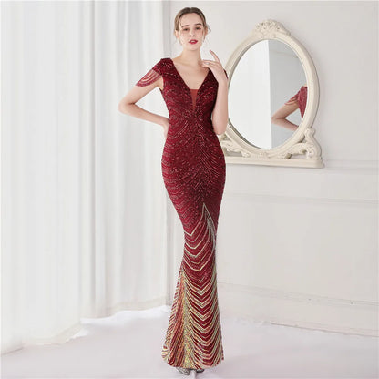 Elegant V Neck Mermaid Evening Dress Long Luxury Beads Women Evening Party Dresses 2025 New Formal Dress 19085