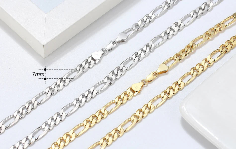Trendy Men Woman Figaro Chain Necklace 3.3/5/7mm Diamond-Cut Figaro Chain 925 Silver Jewelry Party Gift OSC34
