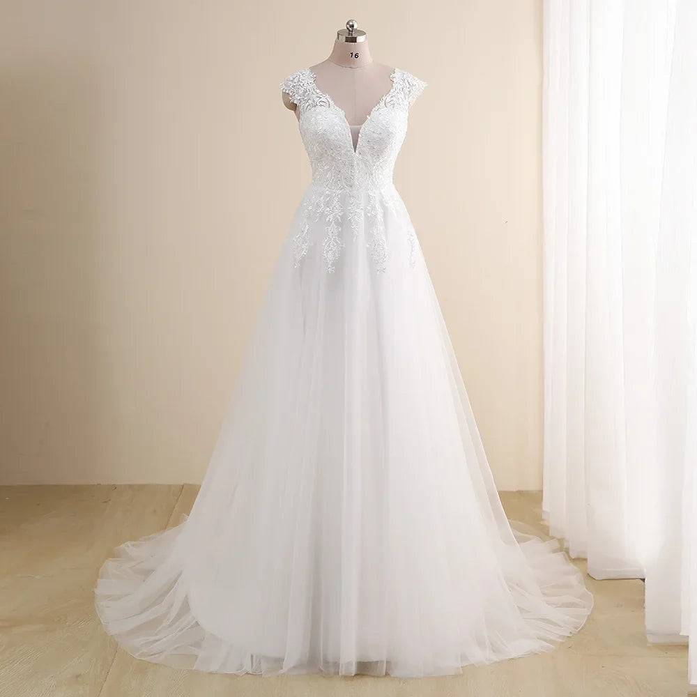 Amazing Wedding Dress Plus Size Customized V neck Cap Sleeve A Line Gowns Tulle Lace Applique Robe De Mariee Bridal Gown