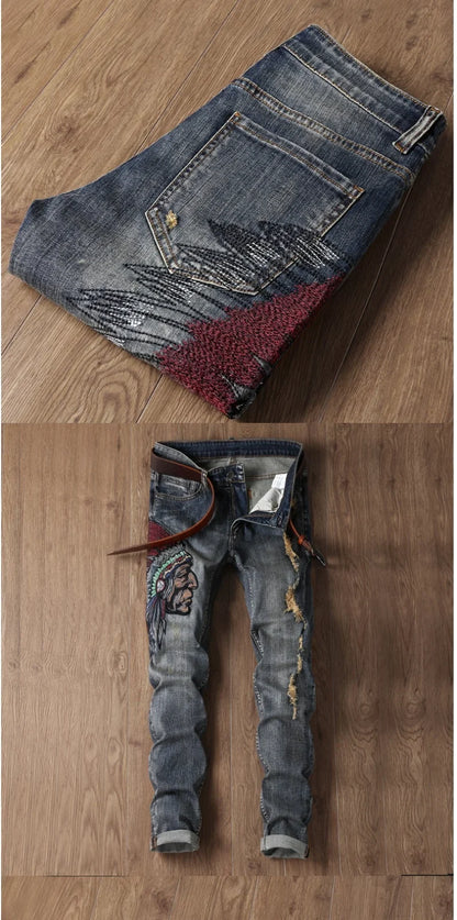 Indian Avatar Embroidered Jeans Men Scratch Long Cracks High Street Pants Soft Red Ears Blue Grey Slim 2020 Western Style