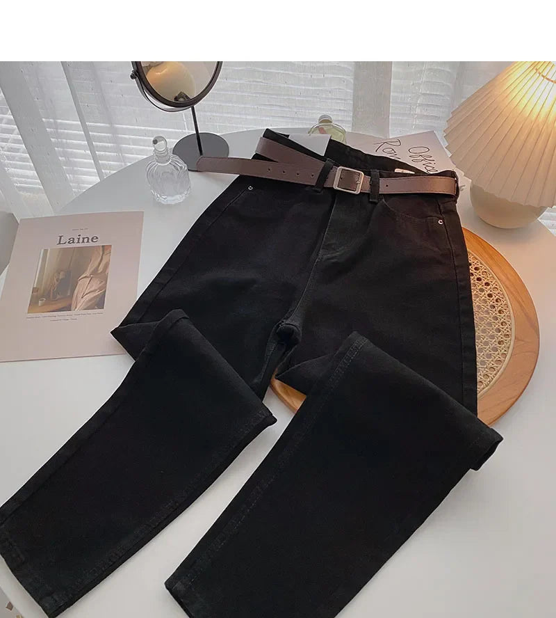 Straight Jeans Women with Belt Vintage Basic Blue Ankle-length Denim Pants Boyfriend Gray Jeans Korean 2021