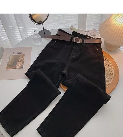 Straight Jeans Women with Belt Vintage Basic Blue Ankle-length Denim Pants Boyfriend Gray Jeans Korean 2021