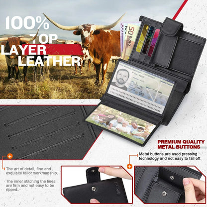 Portefeuille en cuir véritable pour hommes, porte-monnaie professionnel, porte-cartes RFID, fenêtres transparentes, compartiment billets de banque et monnaie, noir