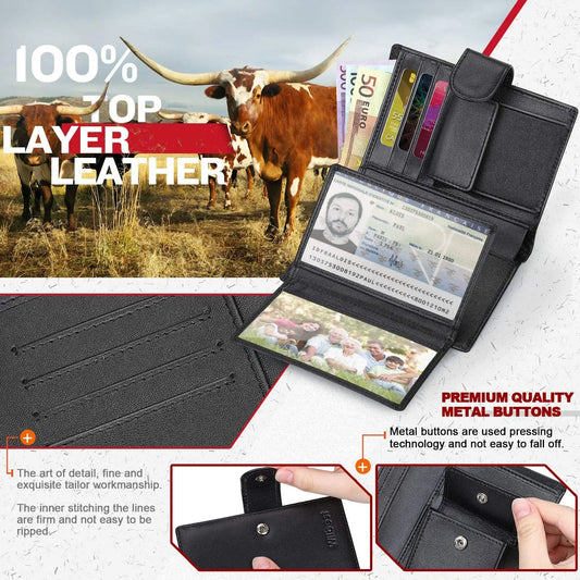 Portefeuille en cuir véritable pour hommes, porte-monnaie professionnel, porte-cartes RFID, fenêtres transparentes, compartiment billets de banque et monnaie, noir