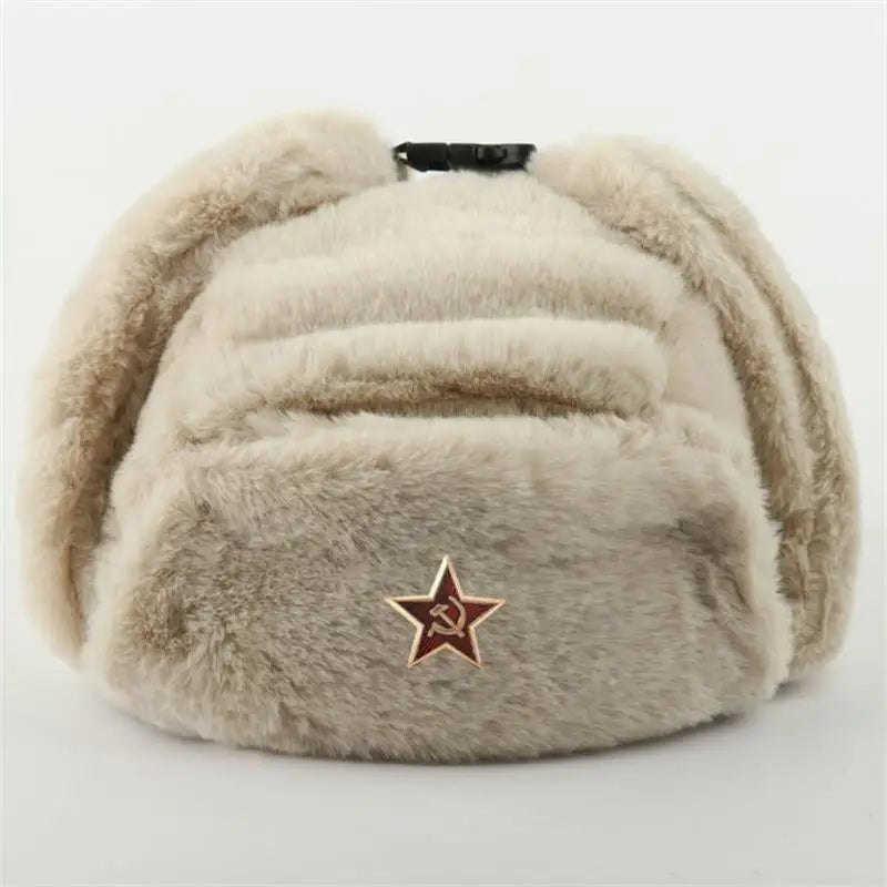 Soviet Badge Ushanka Men&Women Bomber Hats CCCP Army Pilot Trapper Trooper Hat Winter Faux Rabbit Fur Earflap Snow Caps