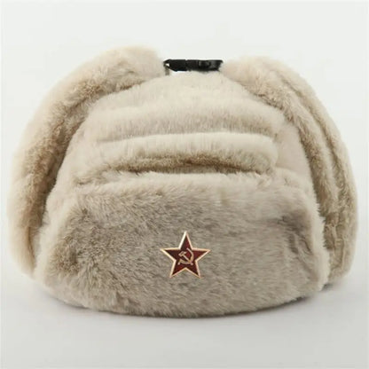 Soviet Badge Ushanka Men&Women Bomber Hats CCCP Army Pilot Trapper Trooper Hat Winter Faux Rabbit Fur Earflap Snow Caps