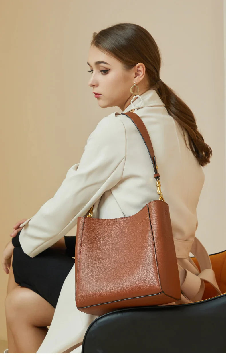 New Genuine Leather Casual Shopper Shoulder Bag Commuter Large Bucket Handbag Simple High Quality Women Tote Underarm Bags