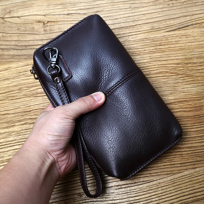 Leather Leisure Man With Long Purse, Soft Leather, Hand Zipper, Money Chuck Layer, Cowhide Credit Card Bag, Cell Phone Bag