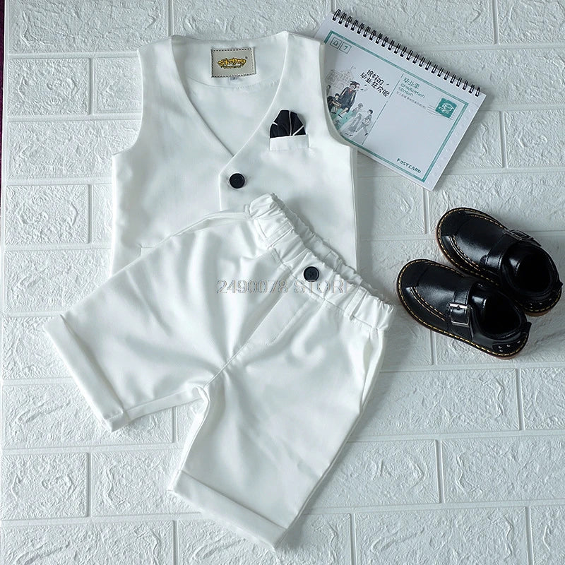 Boys Girls Summer Vest Shorts Clothing Set Baby Children Birthday Ceremonial Wedding Dress Skirt Suit Gentleman Kids Costumes