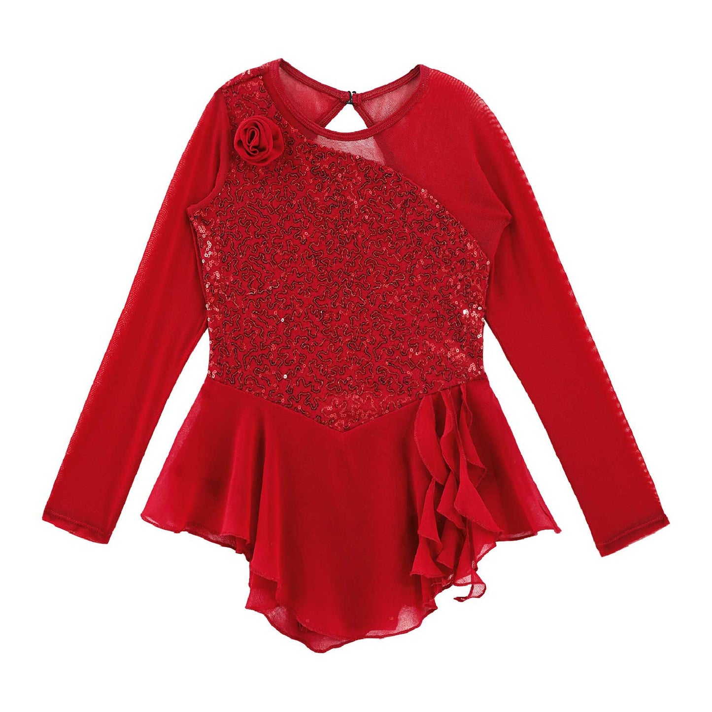 Girls Figure Ice Skating Dress Sparkly Sequin Gymnastics Dance Ballet Tutu Leotard Kids Long Sleeve Mesh Splice Dance Costume