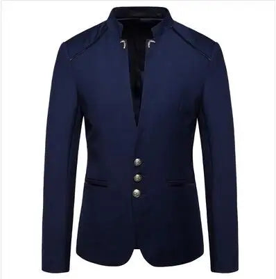 Men's Black Stand Up Collar Blazer Coat, Wedding Party Dress Jacket, Asia Sizes Slim-Fit Single Breasted Jaqueta, Blue Red Tops.