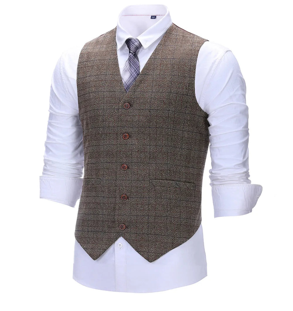 Men's Vintage Plaid Suit Vest Tweed Wool Waistcoat for Groomsmen for Wedding