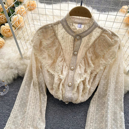 Elegant French Blouse Women Temperament Sweet Ruffles Loose Casual Tops Spring Long Sleeve Streetwear White Shirts