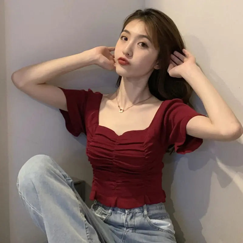 Knitted Fashion Blouse Woman Ruffle Youth Elegant Blouse Summer Crop Top Sexy Slim Fit Shirt Short Sleeve