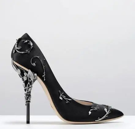 Elegant Silk Women Pumps 10CM High Heels Metal Flower Dec Wedding Shoes Pointed Toe High Heel Shoes Ladies Party Pumps Black