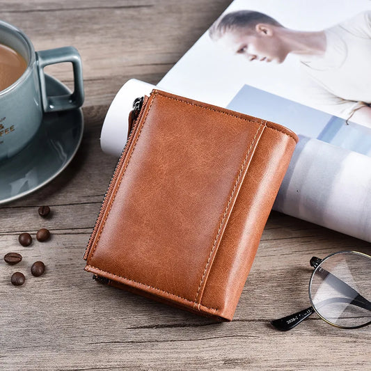 Portefeuilles courts en cuir PU pour hommes, double fermeture éclair, porte-monnaie, porte-cartes, pochette à monnaie, marque vintage de haute qualité pour hommes