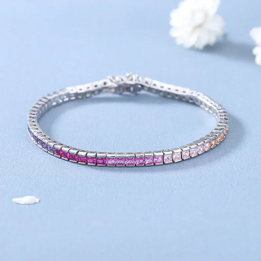 Bracelet de tennis en argent pur 17,5 CM, chaîne carrée de 4 mm de large avec zircon arc-en-ciel scintillant 2,5*2,5 mm, véritables bijoux 925 pour femmes