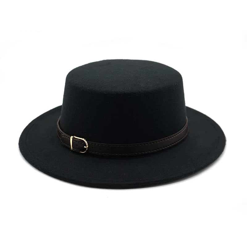 New Retro Winter Autumn women men Top hat Imitation Woolen Felt Fedora Hats Belt buckle Decorated ladies Boater Hat flat brim
