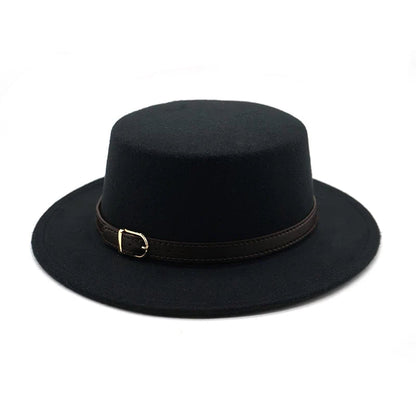 New Retro Winter Autumn women men Top hat Imitation Woolen Felt Fedora Hats Belt buckle Decorated ladies Boater Hat flat brim