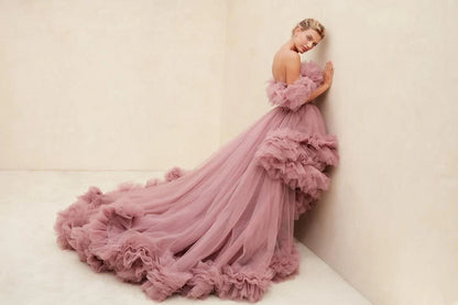 Women Prom Dresses Tulle High Low Vestido de Novia Robes Off the Shoulder Evening Dress Ruffled Fluffy Party Gowns Customized
