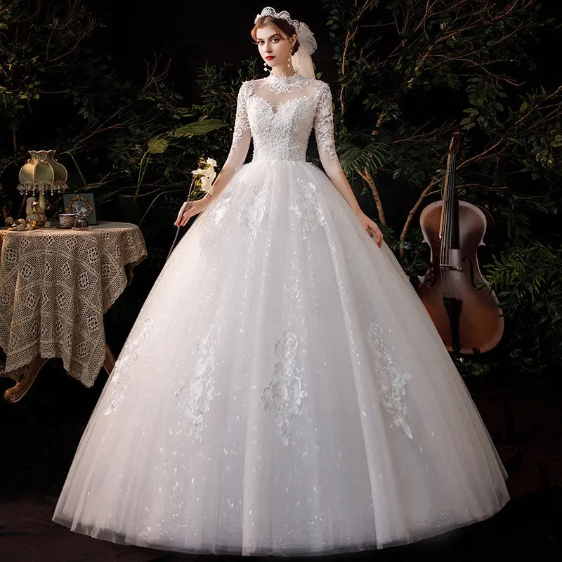 High Neck Wedding Dress 2024 Luxury Three Quarter Sleeve Lace Up Ball Gown Vestido De Noiva Plus Size Customized