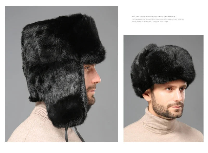 Thick Warm Trapper Hat Men Real Rabbit Fur Earflap Russian Cap Male Plus Size Winter Hats for Men Ski Russian Hat
