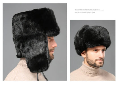 Thick Warm Trapper Hat Men Real Rabbit Fur Earflap Russian Cap Male Plus Size Winter Hats for Men Ski Russian Hat