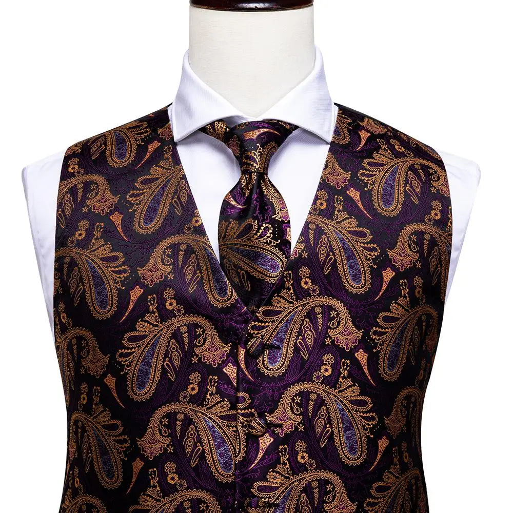 Navy Blue Mens Vest Formal Paisley Waistcoat Jacket Tie Handkerchief Cufflinks Set For Male Dress Suit Wedding Party