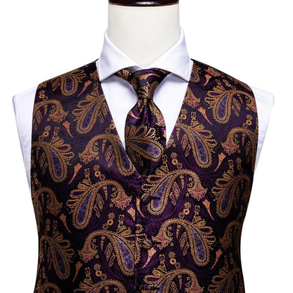 Fashion Silk Vest For Men Classic Gold Champane Yellow Waistcoat Jacket Tie Hankerchief Cufflinks Sets Dress Suit Wedding Hi-Tie