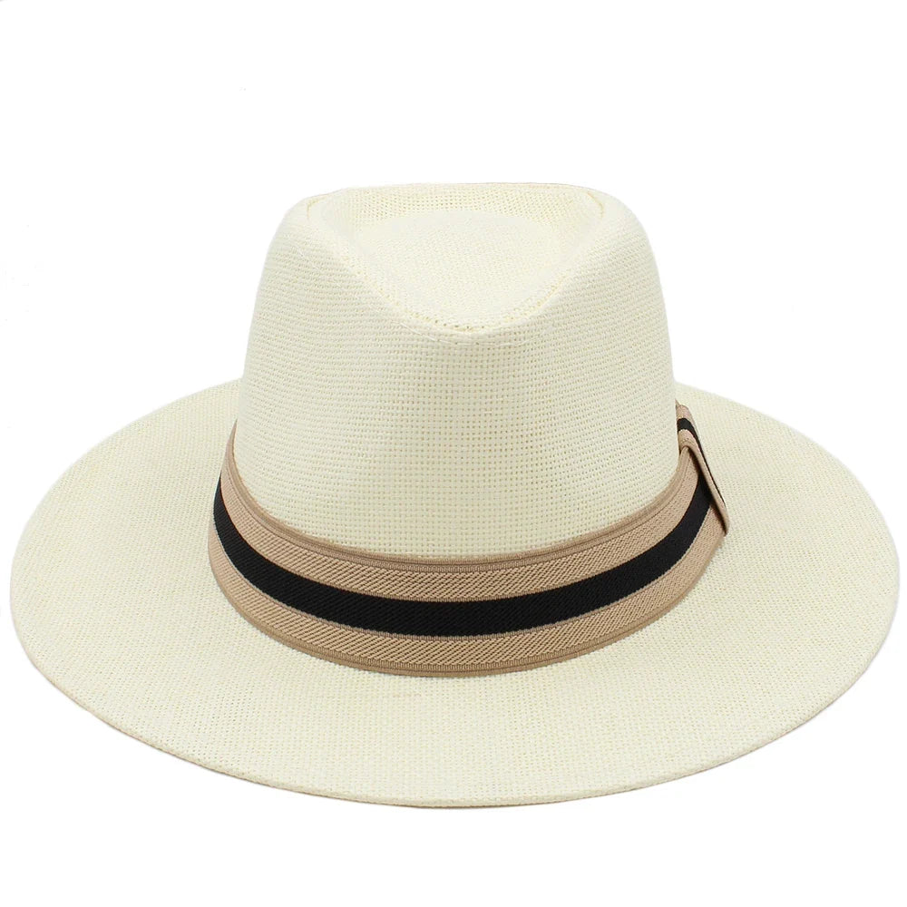 Men Women Straw Panama Hats Summer Wide Brim Bowtie Band Fedora Sunhats Trilby Caps Outdoor Beach Travel Size US 7 1/4 UK L