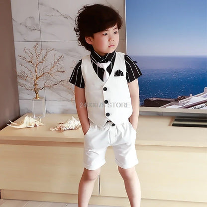 Boys Girls Summer Vest Shorts Clothing Set Baby Children Birthday Ceremonial Wedding Dress Skirt Suit Gentleman Kids Costumes