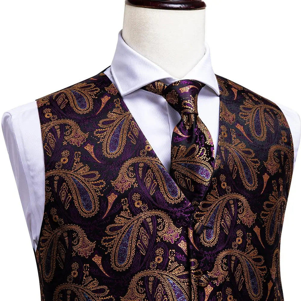 Silk Mens Vests Sleeveless Waist Jacket Jacquard Black Orange Floral Waistcoat Tie Hanky Cufflinks Set for Men Casual XXL