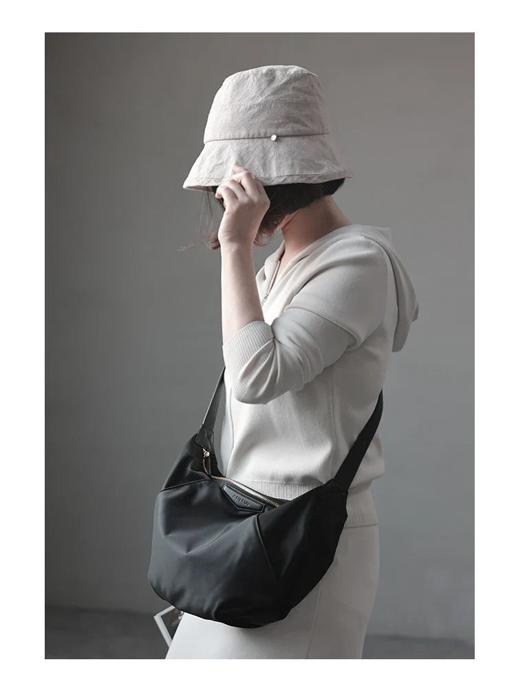 Lightweight Nylon Matching Genuine Leather Crossbody Bag High Quality Single Shoulder Bags Fashion Pleated Messenger Purses