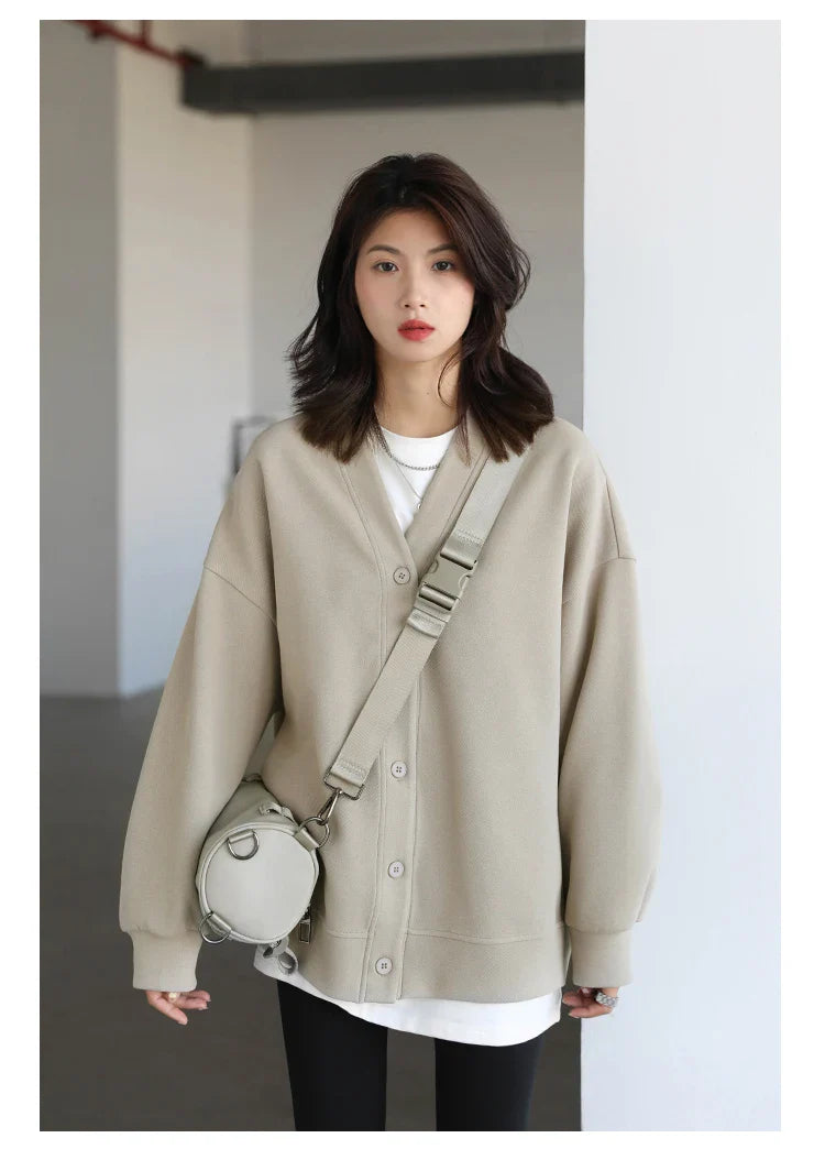 Korean Autumn Winter Women's Sports Coat Casual Loose V-neck Sweatshirt for Women Thick Warm Tops Office Lady Female