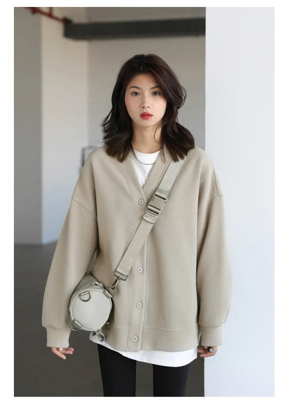 Korean Autumn Winter Women's Sports Coat Casual Loose V-neck Sweatshirt for Women Thick Warm Tops Office Lady Female