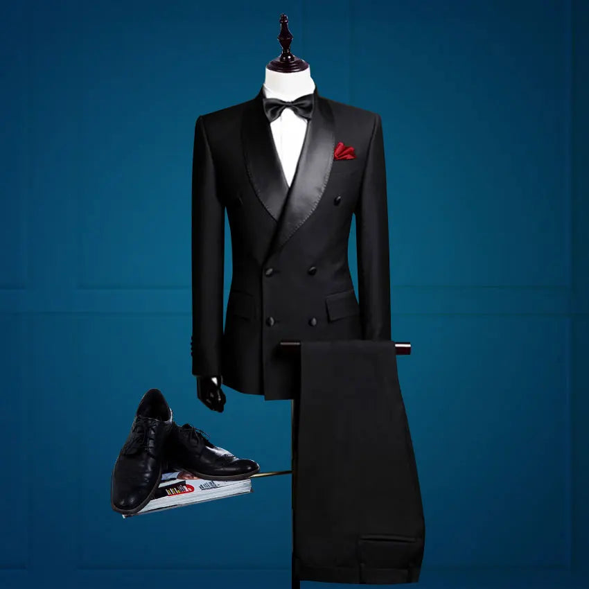 Custom Made Groomsmen Notch Satin Lapel Groom Tuxedos Black Men Suits Wedding Best Man 2 Pieces ( Jacket + Pants + Bow Tie) B859
