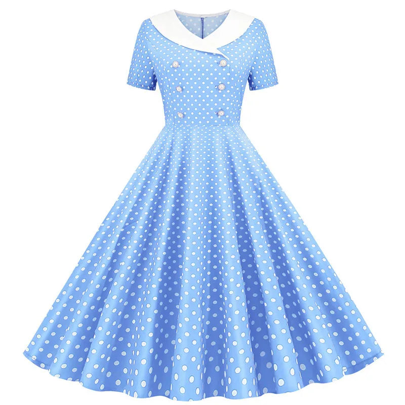 Summer Midi Dress Women Elegant Pink Vintage Party Sundress Casual Peter pan Collar Short Sleeve Dress