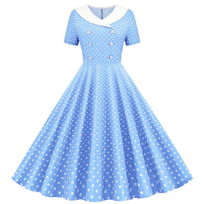 Summer Midi Dress Women Elegant Pink Vintage Party Sundress Casual Peter pan Collar Short Sleeve Dress