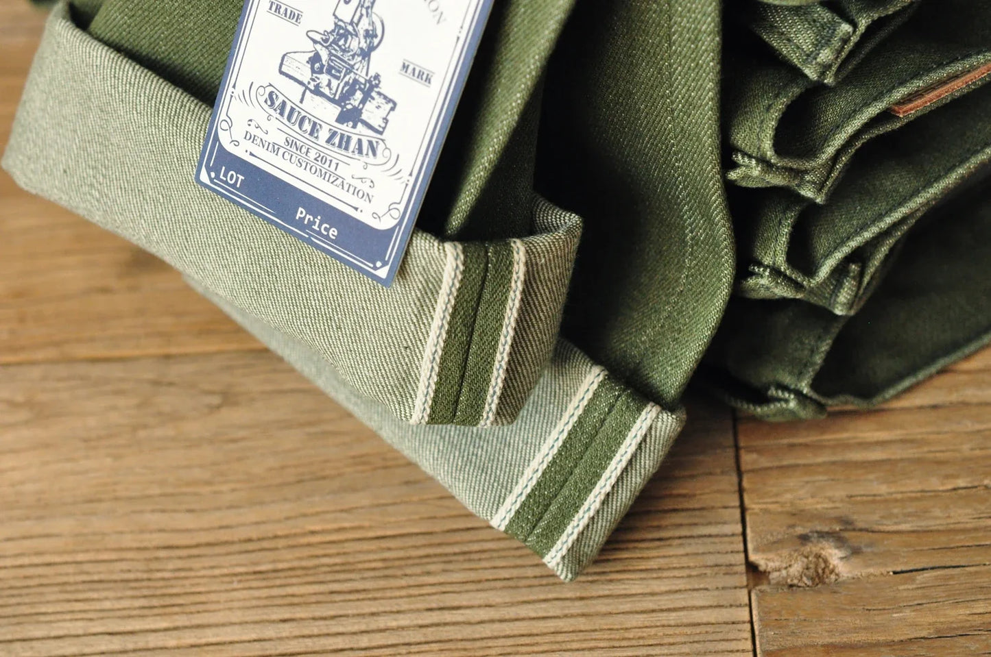 Men Jeans Vulcanization Olive Green 107 Selvedge Denim Jeans Men Washed Slim Fit 14 Oz Zipper Fly