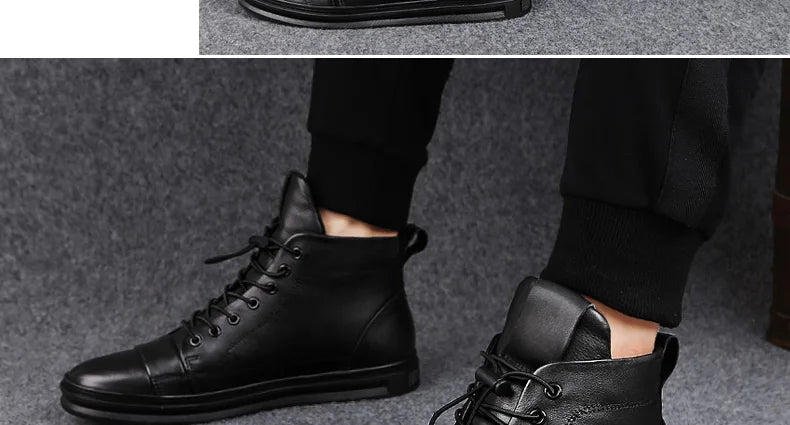 Winter Genuine Leather Boots Men Ankle Casual High Top Skateboarding Shoes Cow Leather Big Size 47 48