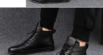 Winter Genuine Leather Boots Men Ankle Casual High Top Skateboarding Shoes Cow Leather Big Size 47 48