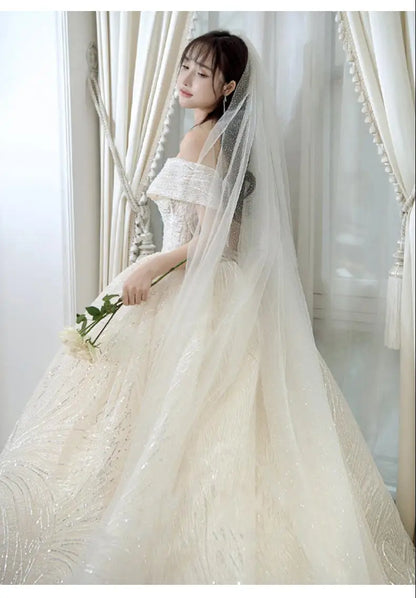 Cheap Wedding Dress Shiny Wedding Dress Classic Boat Neck Bridal Party Gown Vestido De Noiva Robe De Mariee Customized