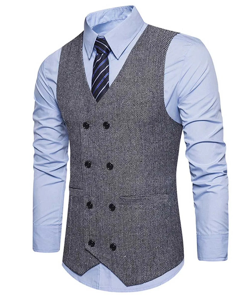 2022 New Men's Royal Blue Double-breasted Vest Suit Vest Casual Top Quality Herringbone Pattern Waistcoat For Wedding