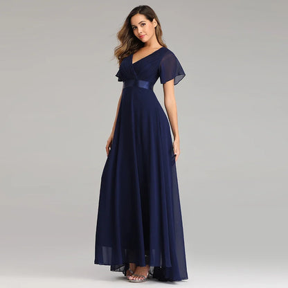 Evening Dresses Elegant V-Neck Ruffles Chiffon Formal Evening Gown  Robe Vestidos De Fiesta Dress for Wedding Party
