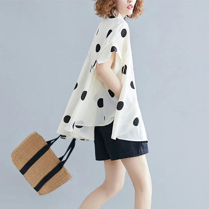 Black Vintage Polka Dot Print Blouse Women New Chiffon Lapel Short Sleeve Loose Casual Shirt Tops Fashion Summer Clothes 2026