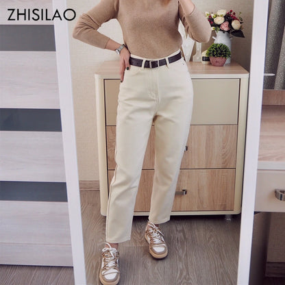Straight Jeans Women with Belt Vintage Basic Blue Ankle-length Denim Pants Boyfriend Gray Jeans Korean 2021